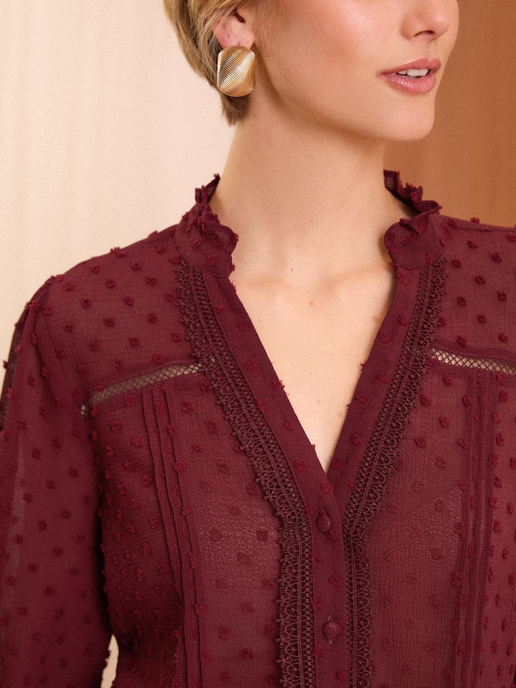 Love & Roses Burgundy Red Petite Dobby Polka Dot Lace Trim 3/4 Sleeve Button Through Blouse - Image 2 of 4