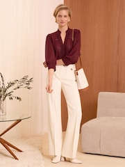 Love & Roses Burgundy Red Petite Dobby Polka Dot Lace Trim 3/4 Sleeve Button Through Blouse - Image 3 of 4