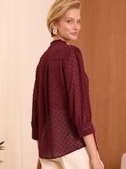 Love & Roses Burgundy Red Petite Dobby Polka Dot Lace Trim 3/4 Sleeve Button Through Blouse - Image 4 of 4