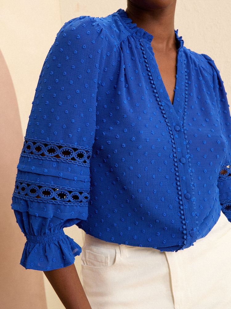 Love & Roses Blue 3/4 Sleeve V Neck Dobby Blouse - Image 2 of 4