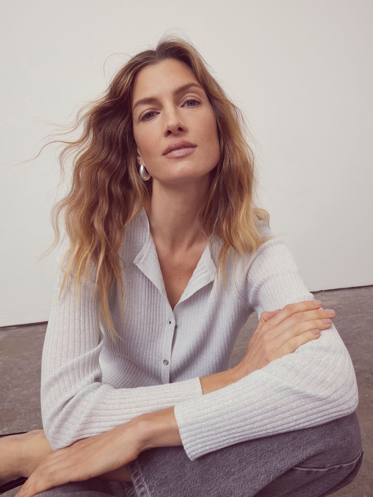 Mint Velvet Silver Longline Ribbed Cardigan - Image 2 of 4 Mint Velvet Silver Longline Ribbed Cardigan - Image 2 of 4