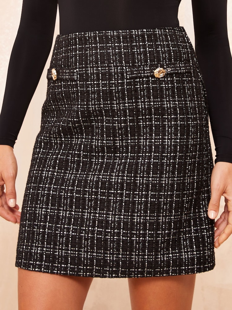 Friends Like These Black/White Boucle Mini Skirt With Button Detailing - Image 1 of 4