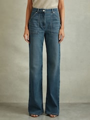 Reiss Mid Blue Delilah Petite Mid Rise Flared Utility Jeans - Image 1 of 7