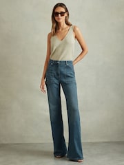 Reiss Mid Blue Delilah Petite Mid Rise Flared Utility Jeans - Image 3 of 7
