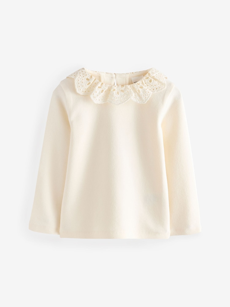 White Long Sleeve Embroidery Collar T-Shirt - Image 1 of 1