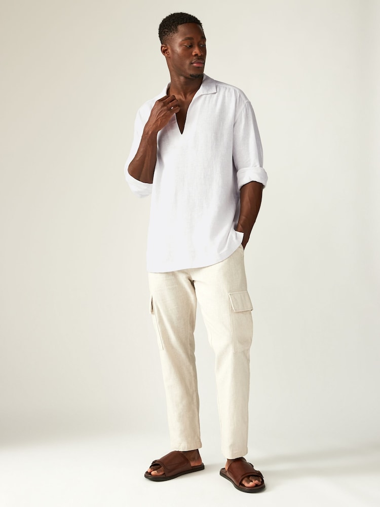 White Linen Blend Long Sleeve Kaftan Shirt - Image 2 of 8