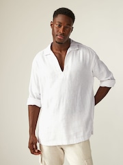 White Linen Blend Long Sleeve Kaftan Shirt - Image 4 of 8