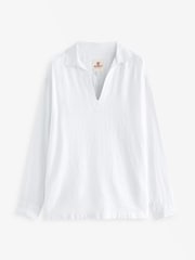 White Linen Blend Long Sleeve Kaftan Shirt - Image 6 of 8