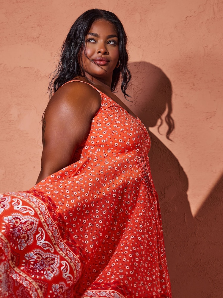 Yours Curve Red Hanky Hem Border Dress - Image 1 of 6