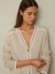 Reiss Neutral/White Abi Wool Blend Contrast Tipped Cardigan with Cashmere - Image 1 of 6