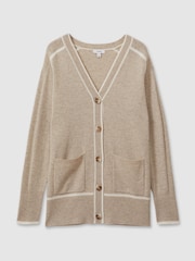 Reiss Neutral/White Abi Wool Blend Contrast Tipped Cardigan with Cashmere - Image 2 of 6