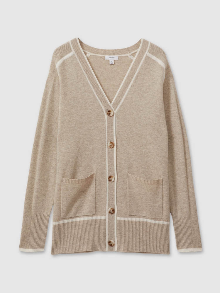 Reiss Neutral/White Abi Wool Blend Contrast Tipped Cardigan with Cashmere - Image 2 of 6 Reiss Neutral/White Abi Wool Blend Contrast Tipped Cardigan with Cashmere - Image 2 of 6