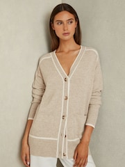 Reiss Neutral/White Abi Wool Blend Contrast Tipped Cardigan with Cashmere - Image 4 of 6