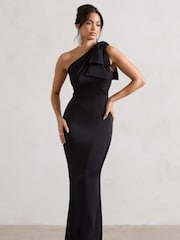 Club L London Black Lady Satin Asymmetric Maxi Dress With Bow - Image 1 of 5