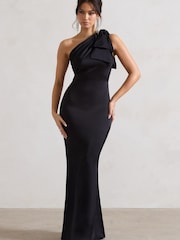 Club L London Black Lady Satin Asymmetric Maxi Dress With Bow - Image 2 of 5