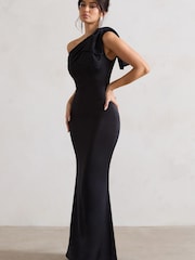 Club L London Black Lady Satin Asymmetric Maxi Dress With Bow - Image 3 of 5