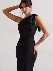 Club L London Black Lady Satin Asymmetric Maxi Dress With Bow - Image 4 of 5