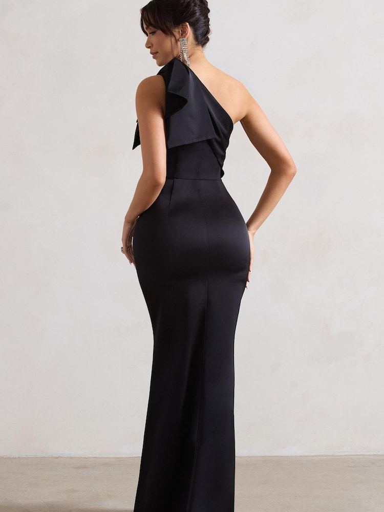 Club L London Black Lady Satin Asymmetric Maxi Dress With Bow - Image 5 of 5