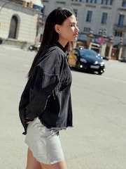 Washed Black Fringe Embellished Denim 100% Cotton Shirt - Image 1 of 6