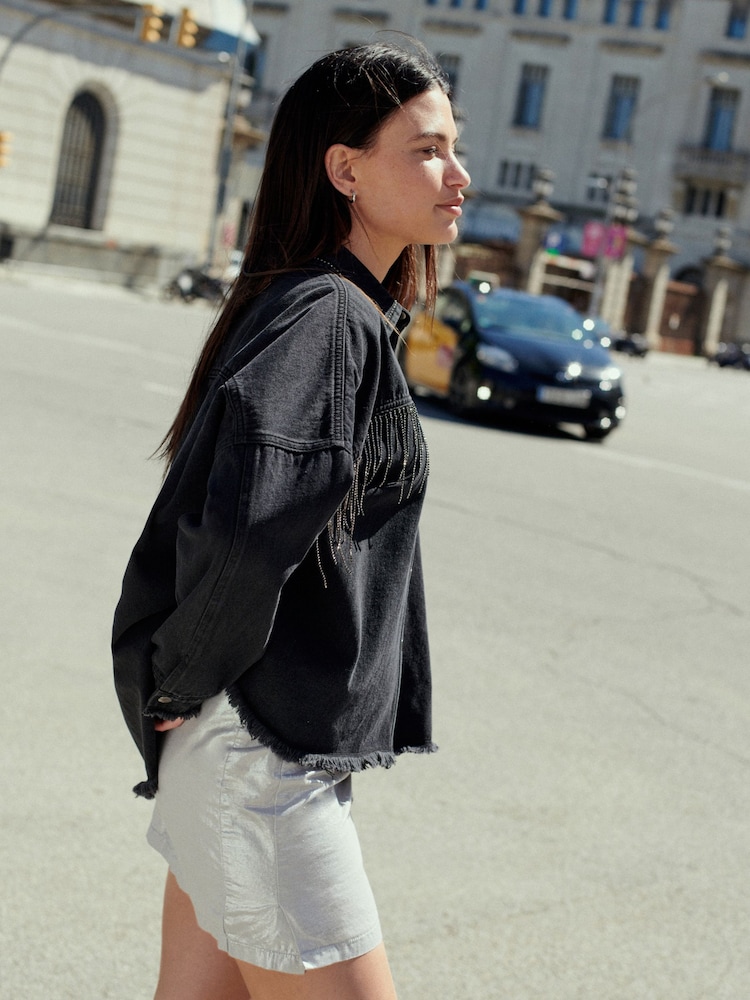 Washed Black Fringe Embellished Denim 100% Cotton Shirt - Image 1 of 6
