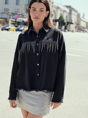 Washed Black Fringe Embellished Denim 100% Cotton Shirt - Image 2 of 6