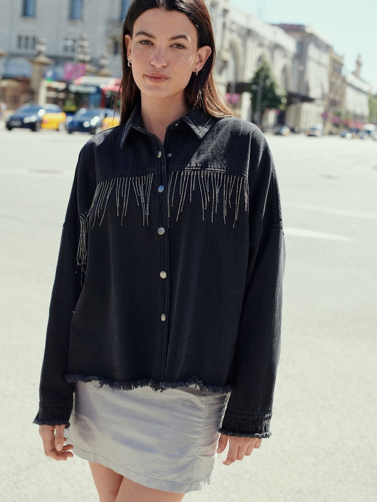 Washed Black Fringe Embellished Denim 100% Cotton Shirt - Image 2 of 6