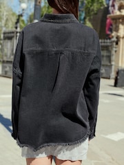 Washed Black Fringe Embellished Denim 100% Cotton Shirt - Image 3 of 6