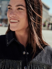 Washed Black Fringe Embellished Denim 100% Cotton Shirt - Image 4 of 6