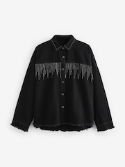Washed Black Fringe Embellished Denim 100% Cotton Shirt - Image 5 of 6