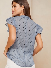Lipsy Navy Blue Polka Dot Ruffle Sleeve V Neck Tie Front Blouse - Image 2 of 4