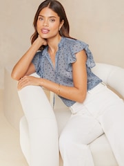 Lipsy Navy Blue Polka Dot Ruffle Sleeve V Neck Tie Front Blouse - Image 3 of 4