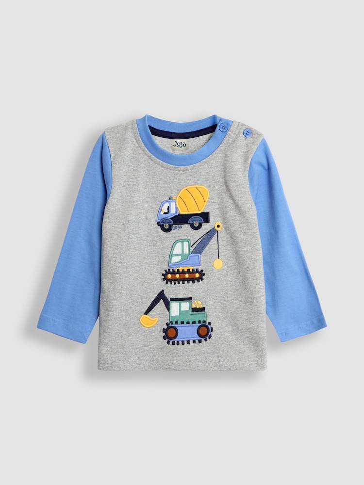 JoJo Maman Bébé Grey Marl Construction Vehicle Appliqué Motif Top - Image 1 of 3