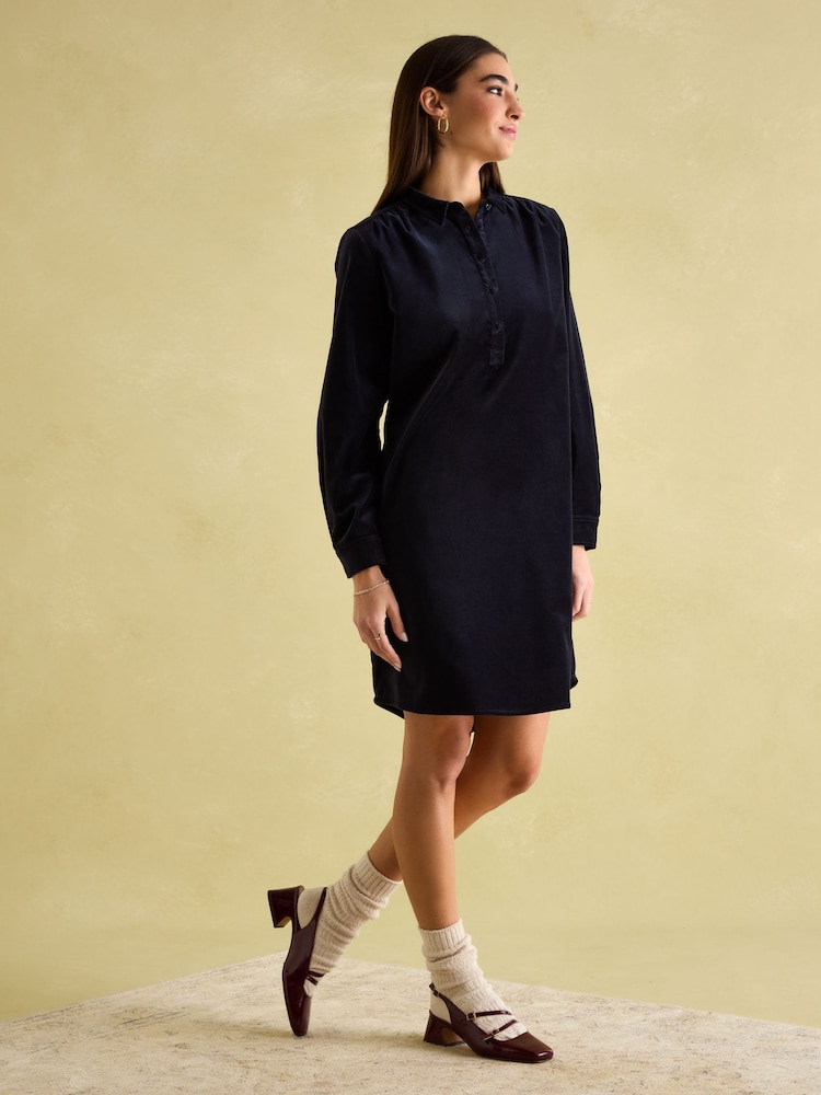 Joules Velvet Marlowe Navy Nehru Collar Shirt Dress - Image 1 of 9 Joules Velvet Marlowe Navy Nehru Collar Shirt Dress - Image 1 of 9