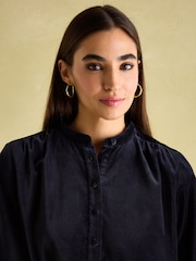 Joules Velvet Marlowe Navy Nehru Collar Shirt Dress - Image 7 of 9