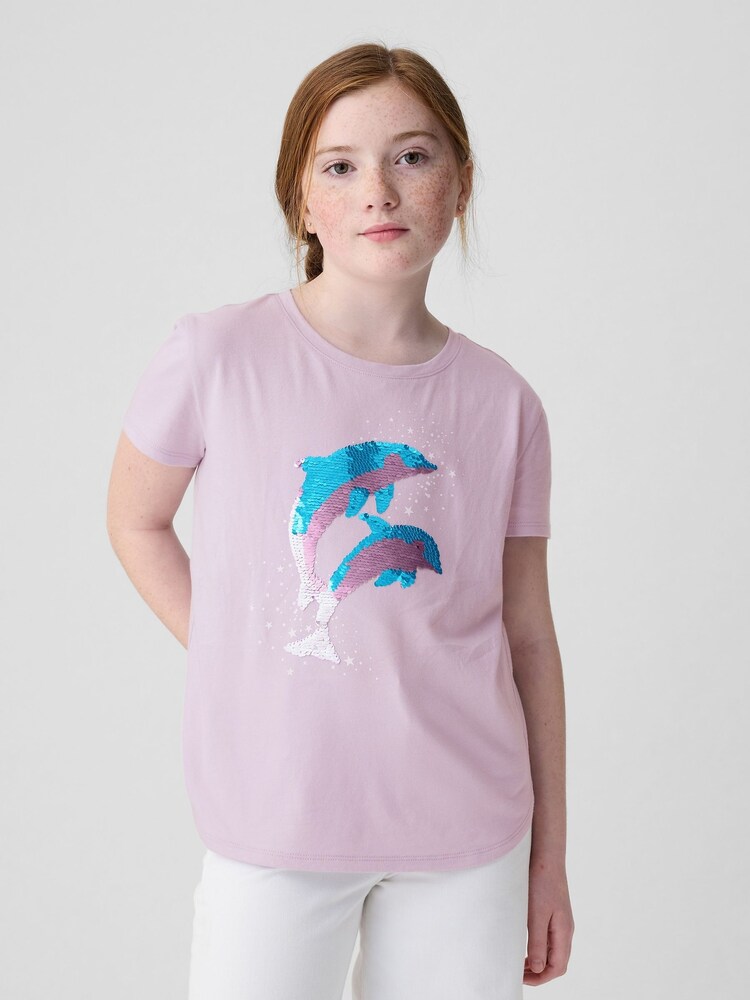 Gap Purple Dolphin Cotton Flippy Sequin Graphic Short Sleeve T-Shirt (4-13yrs) - Image 1 of 4