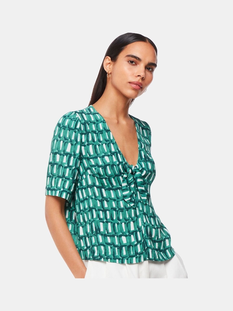 Whistles Green Linked Smudge Tie Front Top - Image 1 of 5