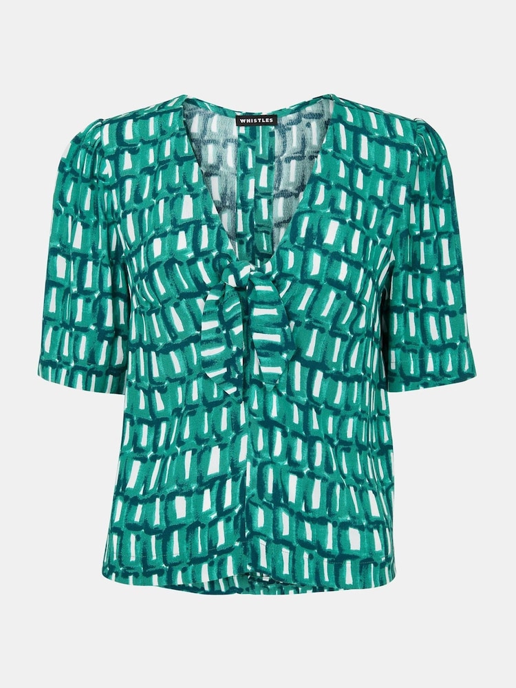 Whistles Green Linked Smudge Tie Front Top - Image 5 of 5