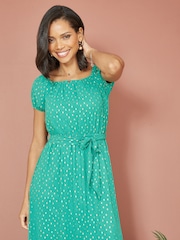 Mela Green Foil Print Bardot Midi Dress - Image 2 of 5
