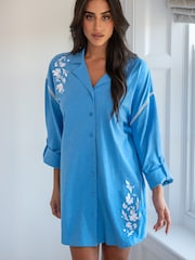 Pour Moi Blue Oversized 100% Cotton Jersey Embroidered Revere Collar Nightshirt - Image 1 of 4