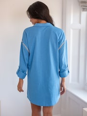 Pour Moi Blue Oversized 100% Cotton Jersey Embroidered Revere Collar Nightshirt - Image 2 of 4