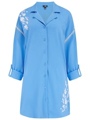 Pour Moi Blue Oversized 100% Cotton Jersey Embroidered Revere Collar Nightshirt - Image 3 of 4