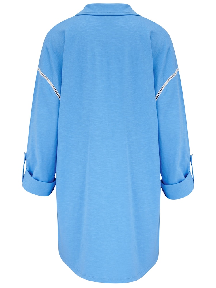 Pour Moi Blue Oversized 100% Cotton Jersey Embroidered Revere Collar Nightshirt - Image 4 of 4