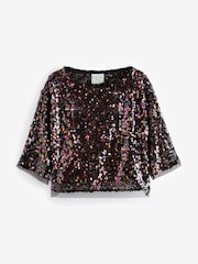 Black/Pink Sequin Quarter Sleeve Mesh Top - Image 1 of 2