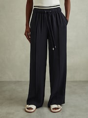 Reiss Navy Fleur Petite Waistband Detail Wide Leg Trousers - Image 3 of 7