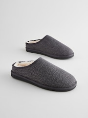 Charcoal Grey Faux Fur Lined Textured Mule Slippers - Image 1 of 6