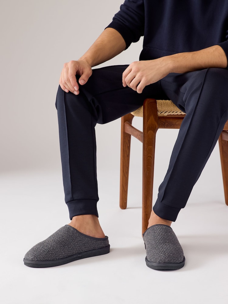 Charcoal Grey Faux Fur Lined Textured Mule Slippers - Image 2 of 6