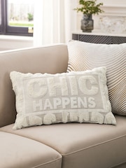 White Chic Happens Slogan Cut Velvet Cushion - Image 1 of 5