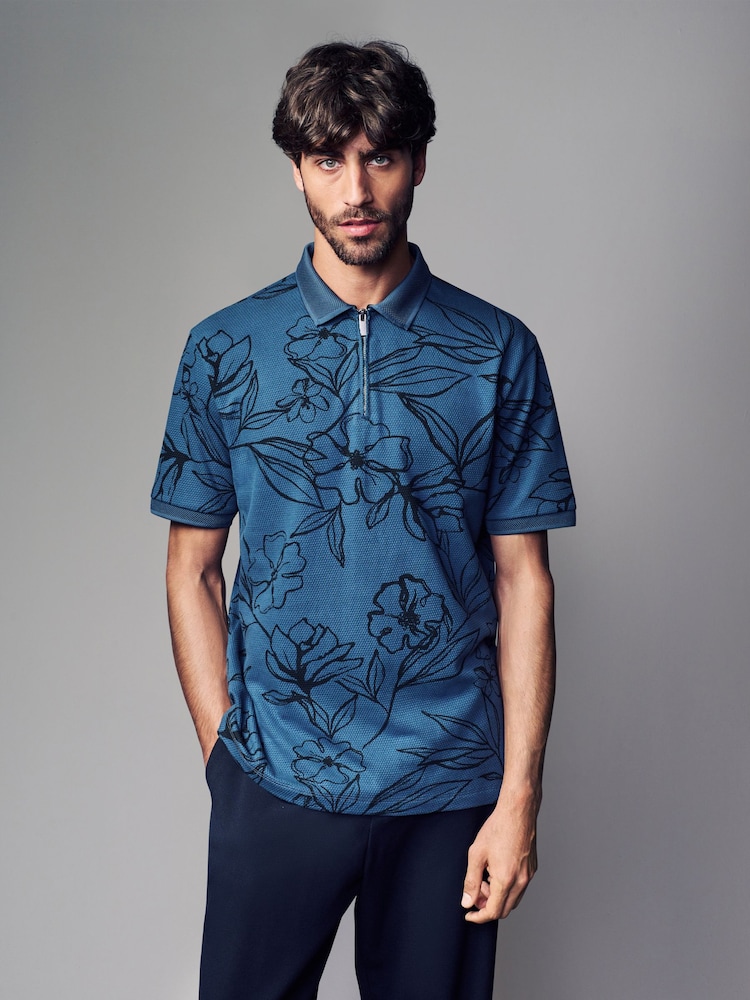 Blue/Black Floral Pattern Quarter Zip Polo Shirt - Image 1 of 8