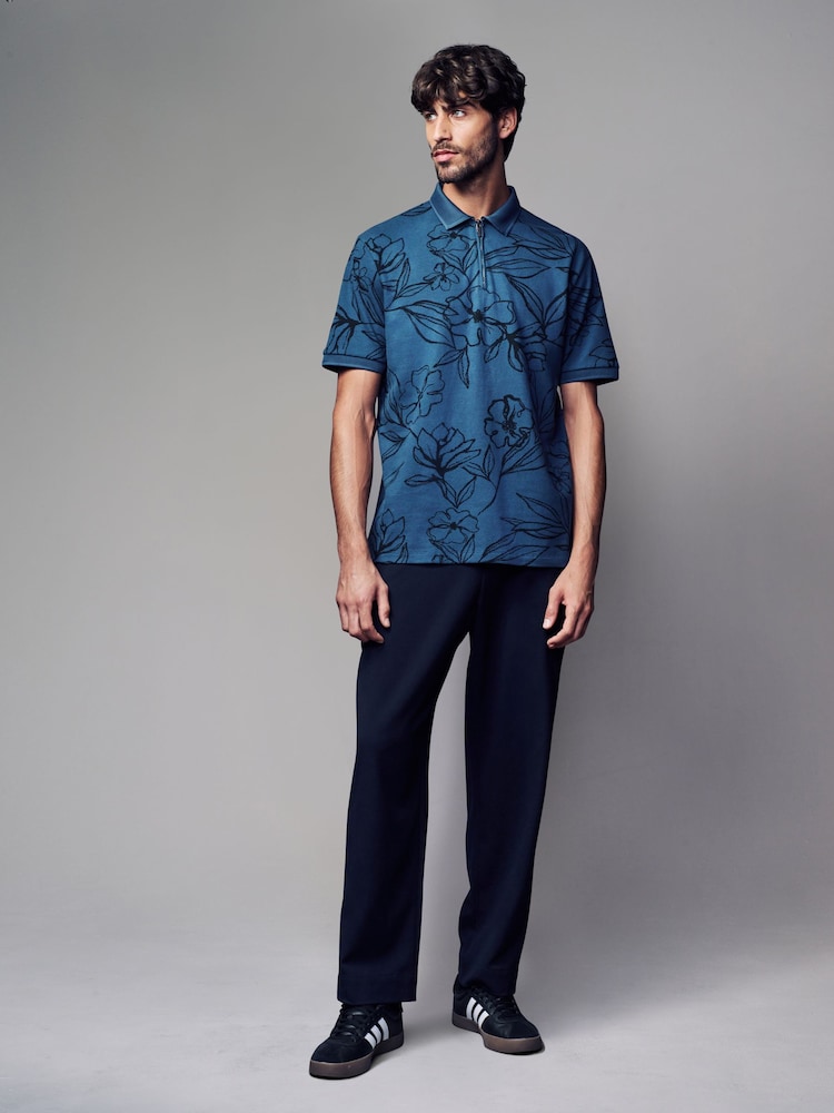 Blue/Black Floral Pattern Quarter Zip Polo Shirt - Image 2 of 8