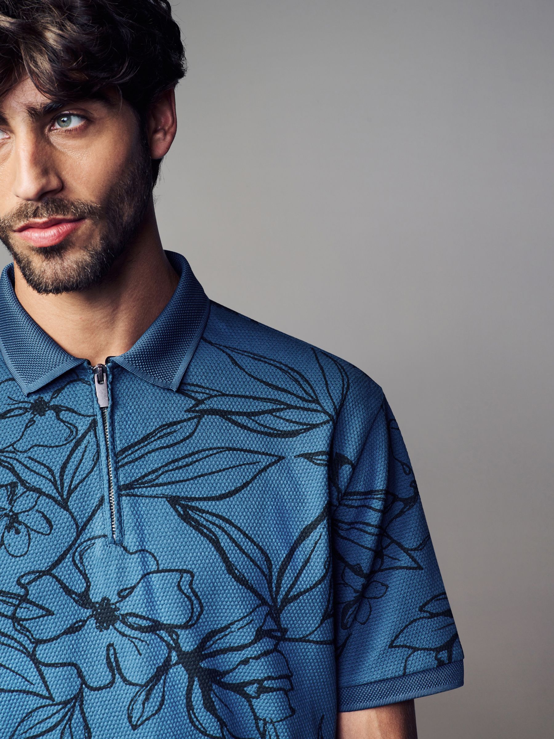 Buy Blue/Black Floral Pattern Quarter Zip Polo Shirt from Next USA